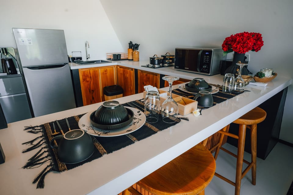 Luxury Villa, 1 Bedroom, Balcony, Pool View | Private kitchen | Fridge, microwave, oven, stovetop