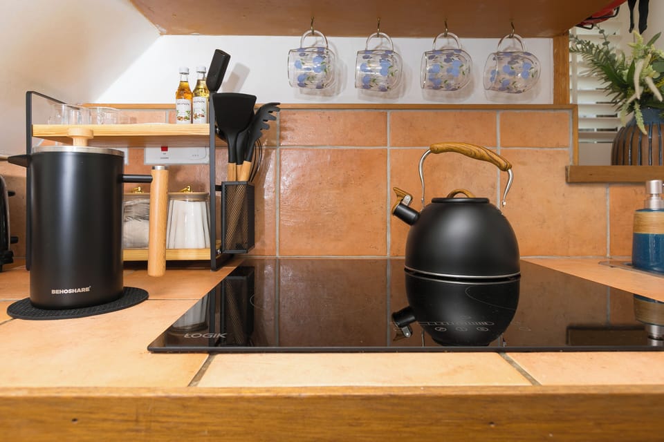 Well-equipped kitchen with hob, kettle, utensils and coffee facilities
