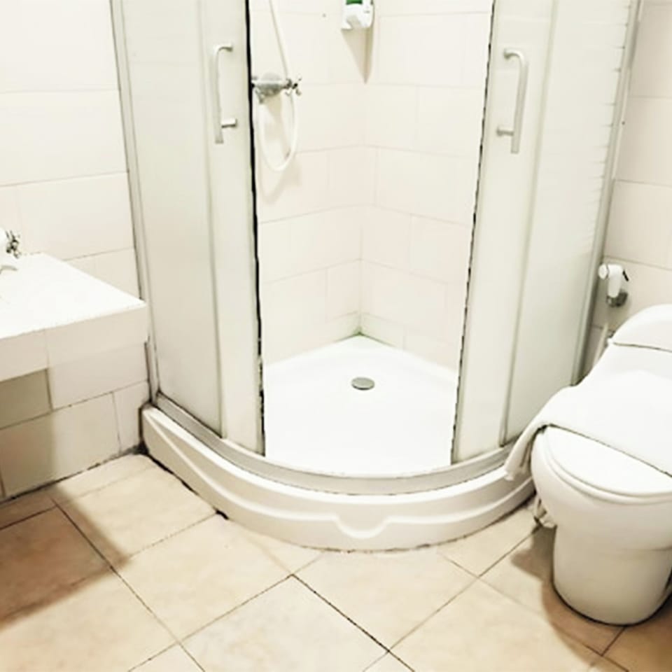 Shower, free toiletries, towels