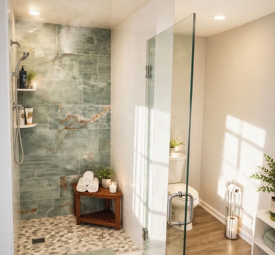 Refresh in a spa-inspired shower with modern finishes and a clean, calming atmosphere.