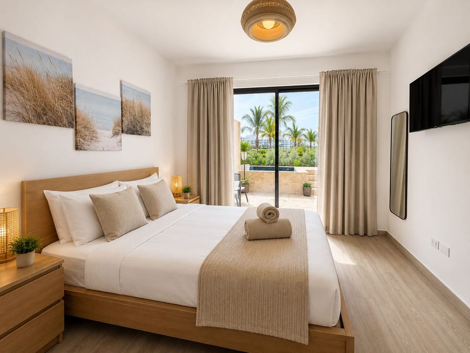 Master bedroom with queen bed and private terrace access overlooking lush gardens.