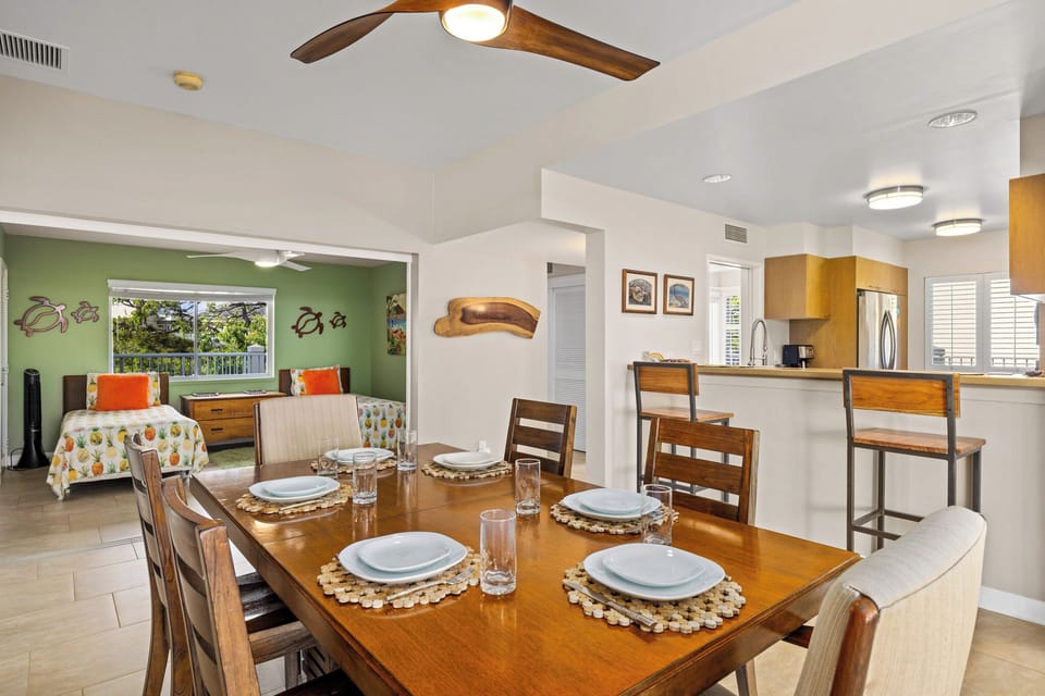 Dining table for six, perfect for dining, games or remote work area.