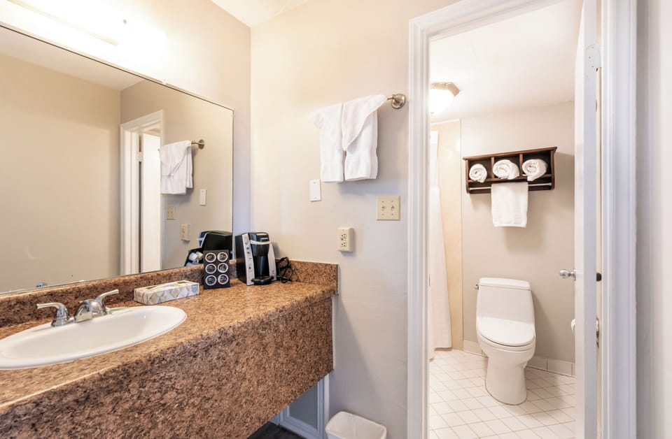 Combined shower/tub, free toiletries, towels