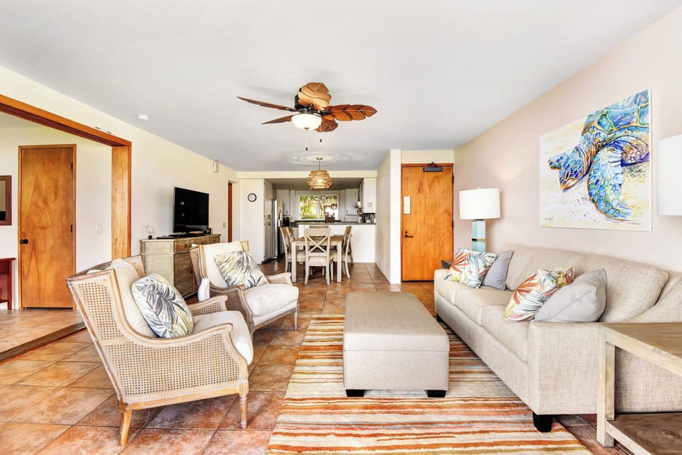 Living room has a pull out sofa for additional sleeping