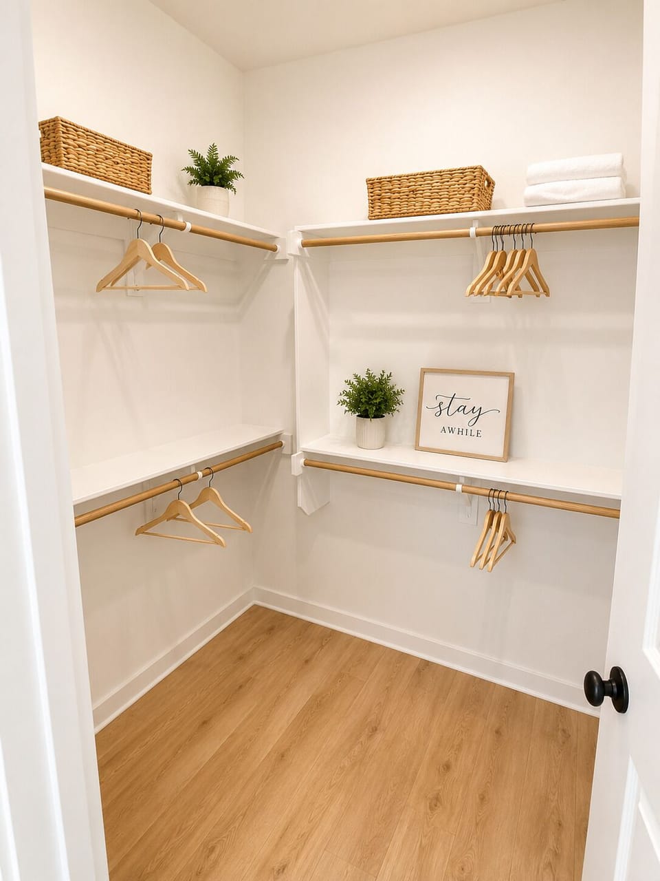 Spacious walk-in closet with shelving, hangers, and stylish storage