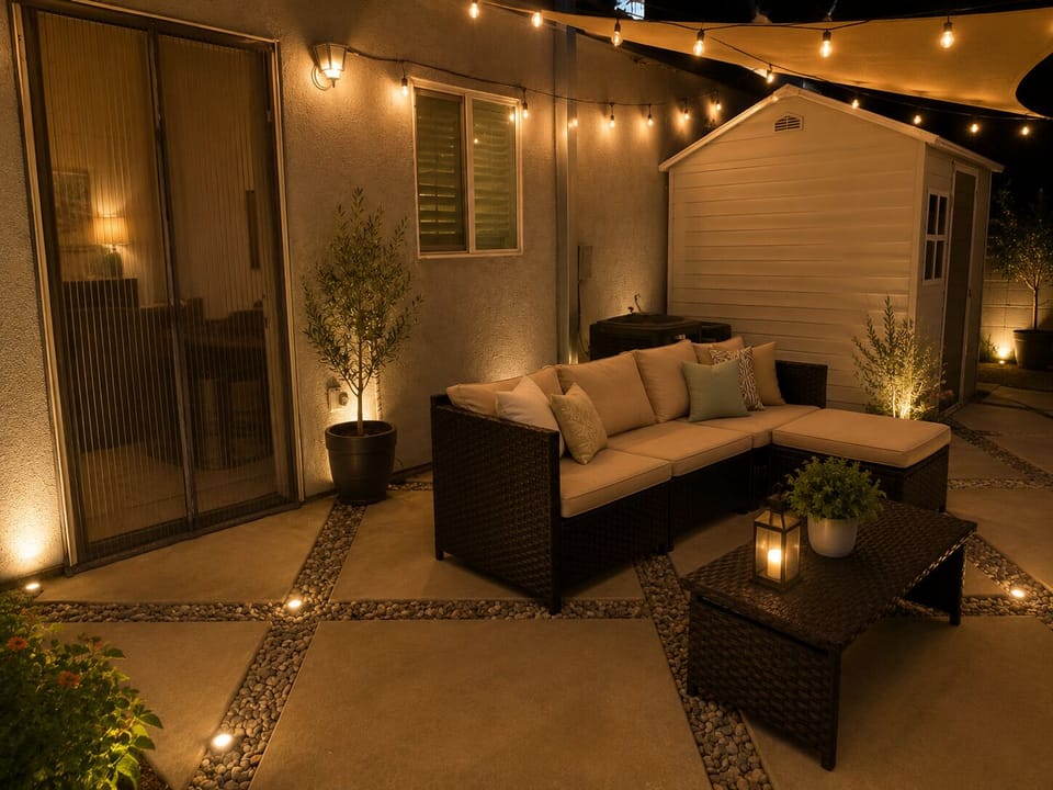 Charming private patio with string lights and cozy outdoor seating