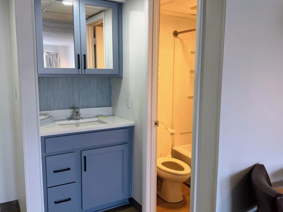 Combined shower/tub, hair dryer, towels, soap