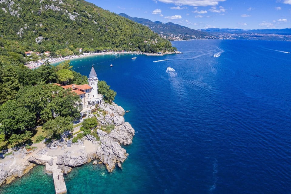 Aerial shot of the famous Villa Castello and the blue Adriatic Sea