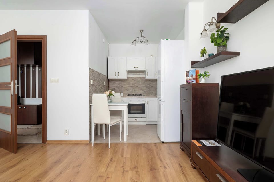 Stylish and functional kitchenette with a microwave.