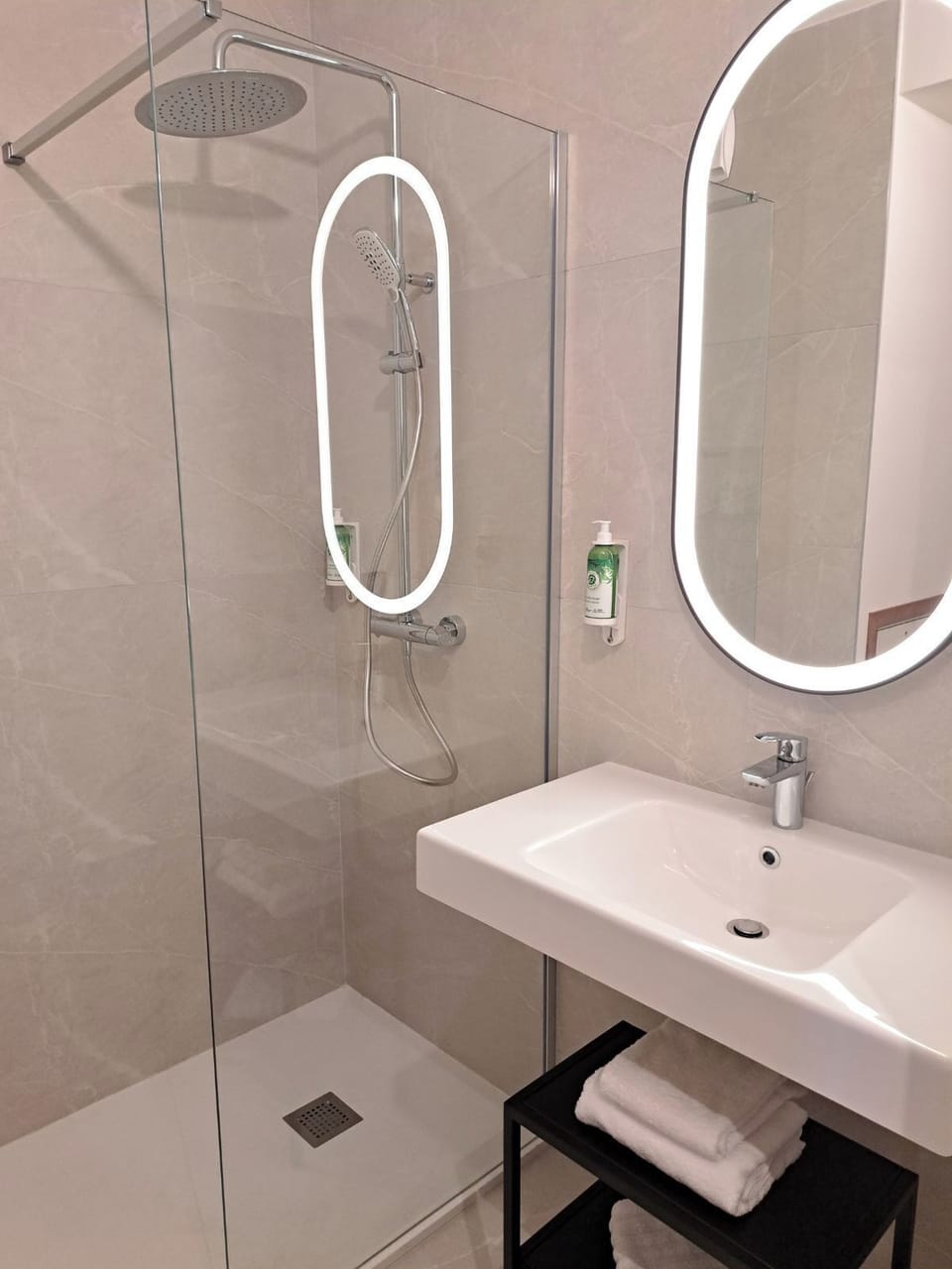 Shower, towels, soap, shampoo