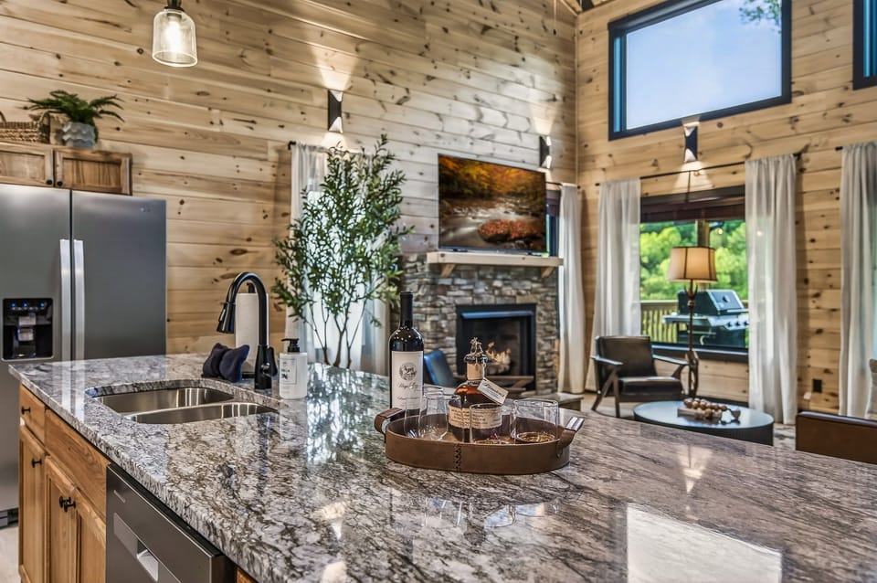 The oversized island is perfect for entertaining with enough seating for 6