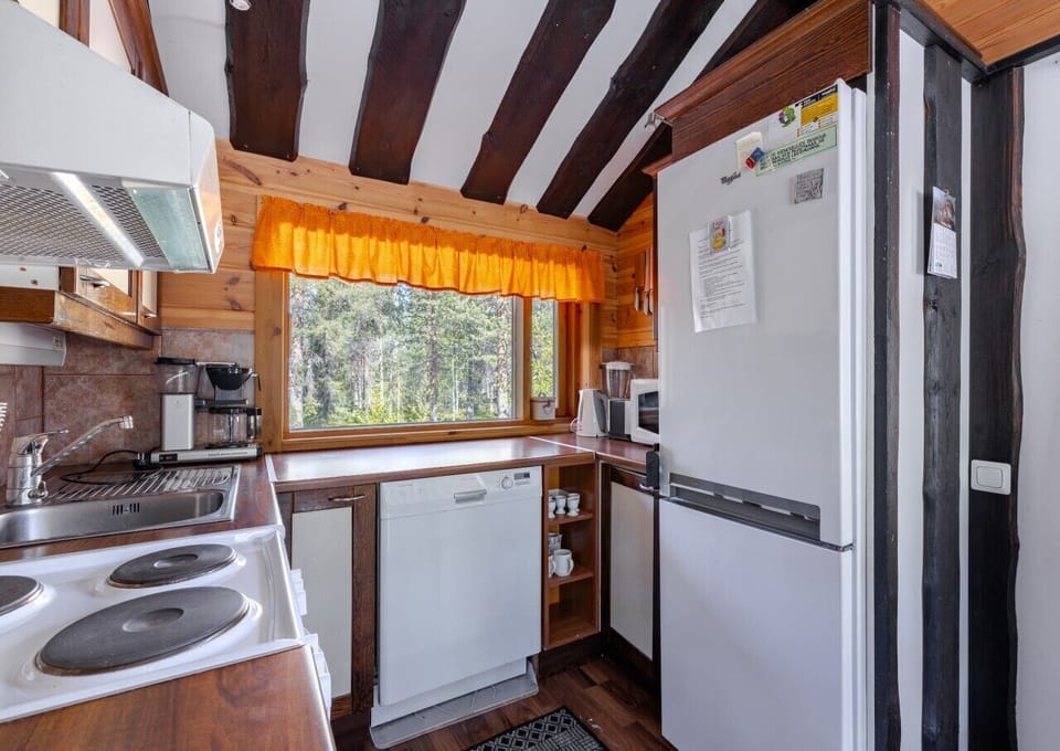 The kitchen comes fully equipped with a refrigerator, electric stove, and dishwasher, plus a sunny window over the counter.