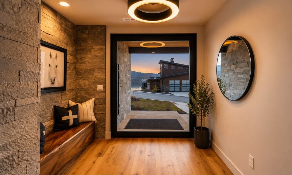 A welcoming entryway sets the tone with modern mountain finishes, a built-in bench, stone accents, and views that begin the moment you arrive at NorthStar Summit.