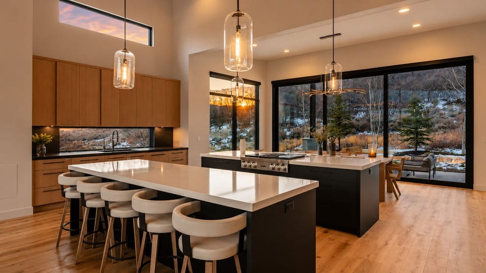 Designed for gathering, the gourmet kitchen features a large island with seating, premium appliances, generous prep space, and seamless access to dining and living areas.