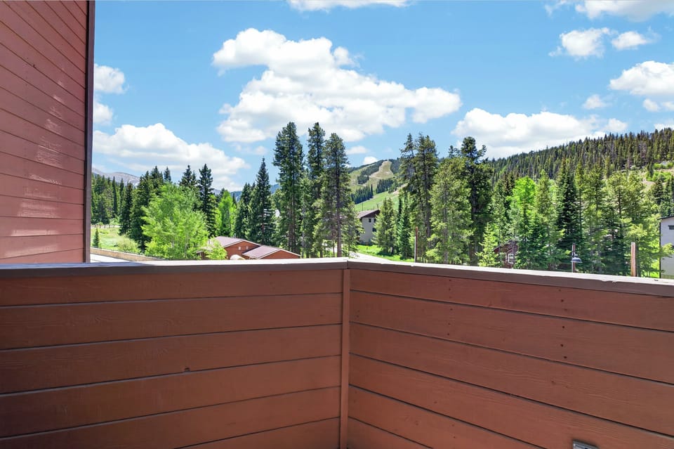 Panoramic mountain and forest views stretch across the valley, with ski slopes visible in the distance and lush evergreens framing the summer landscape.