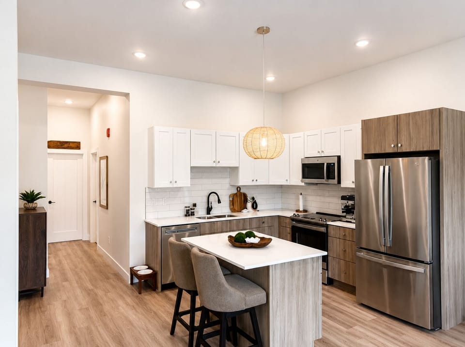 Modern bright kitchen with island seating and stainless steel appliances