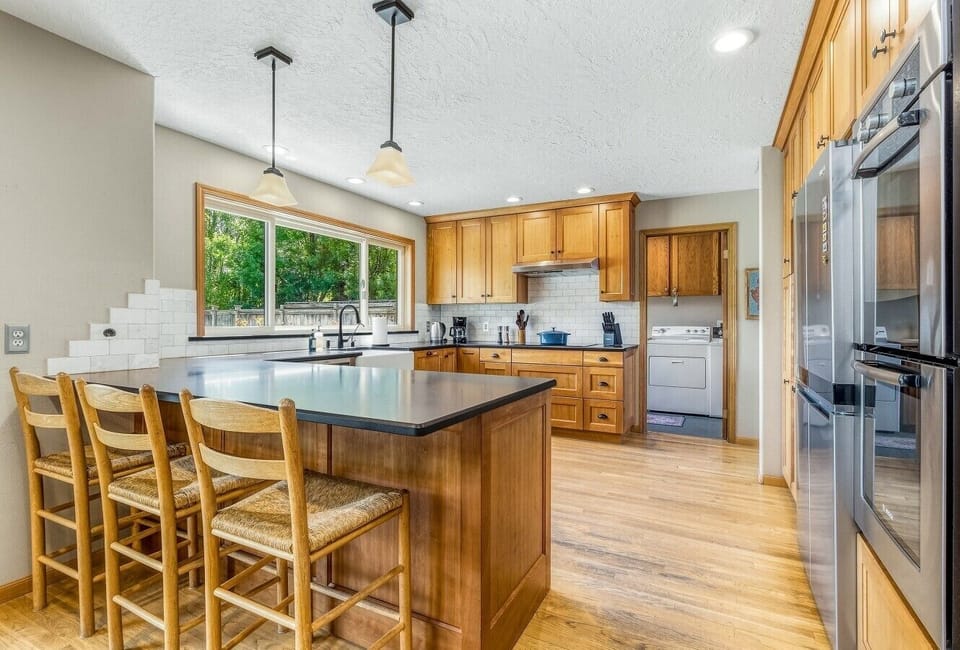 A spacious kitchen ready for everything from coffee to charcuterie.