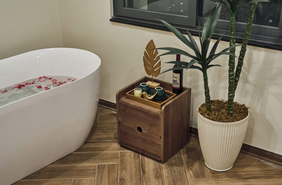 Honeymoon Double Room, Garden View | Bathroom | Separate tub and shower, deep soaking tub, rainfall showerhead