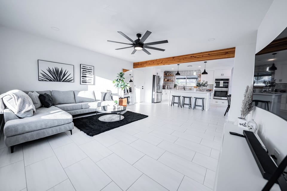 Expansive view of the living room, highlighting the abundance of natural light and natural wood plant accents.