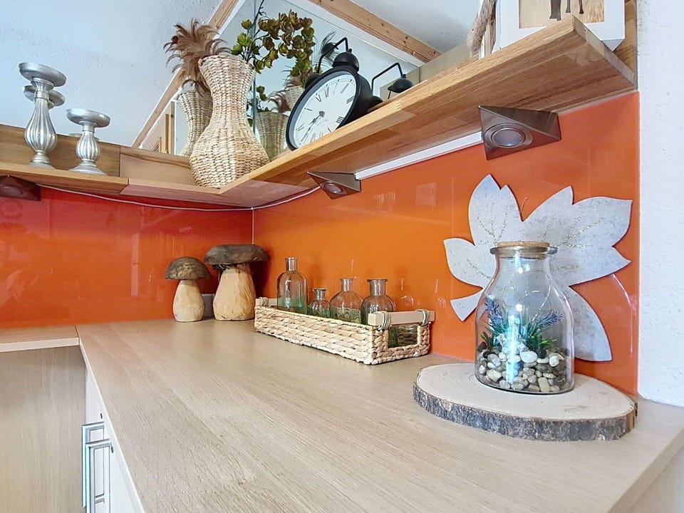 Orange, Tableware, Interior Design, Kitchen, Countertop, Fruit, Cabinetry, Wood Stain, Paint