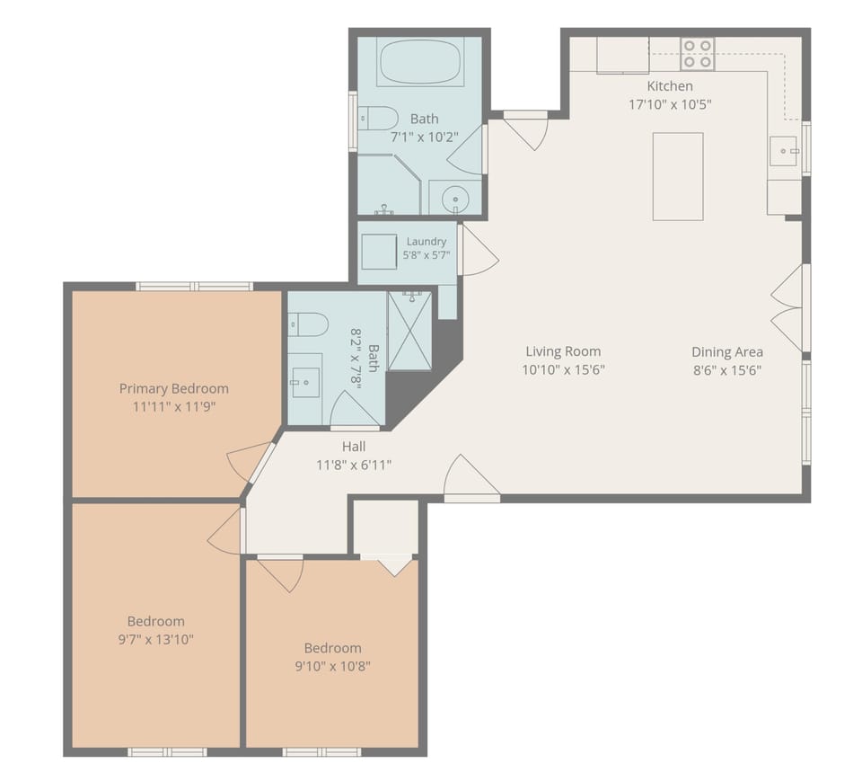 This floor plan shows a spacious layout with three bedrooms, two bathrooms, an open kitchen, living room, dining area, and laundry—perfect for families or groups seeking comfort and convenience.