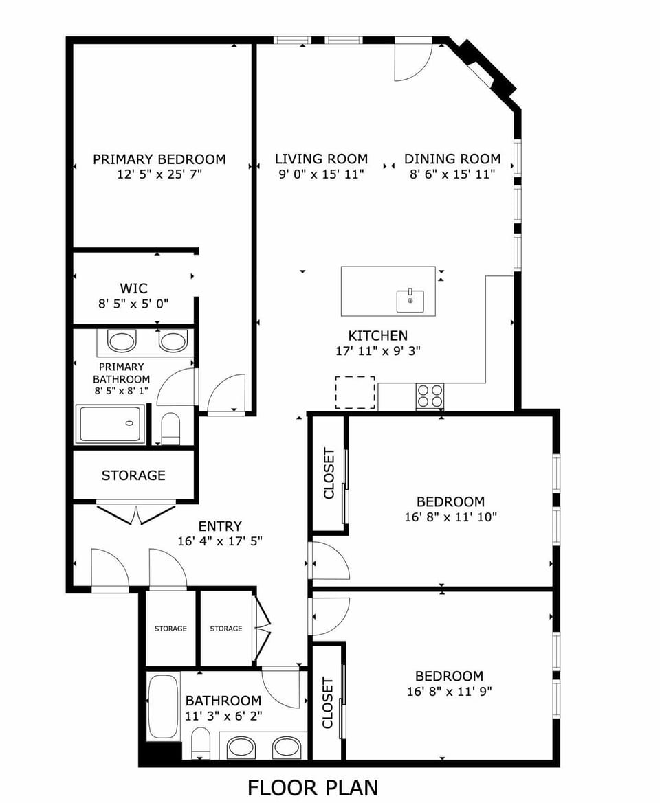 A detailed floor plan showing three bedrooms, two bathrooms, open living and dining areas, full kitchen with island, walk-in closet, storage, and welcoming entry space.