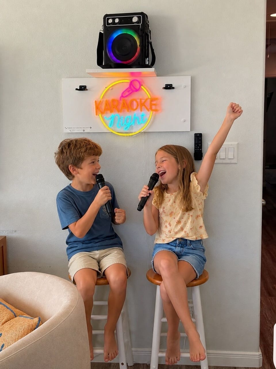 Family Karaoke Nights 🎤 Turn up the music and create unforgettable memories with our dedicated karaoke station featuring wireless microphones, a premium Bluetooth speaker, and a fun neon backdrop that's perfect for kids and adults alike.