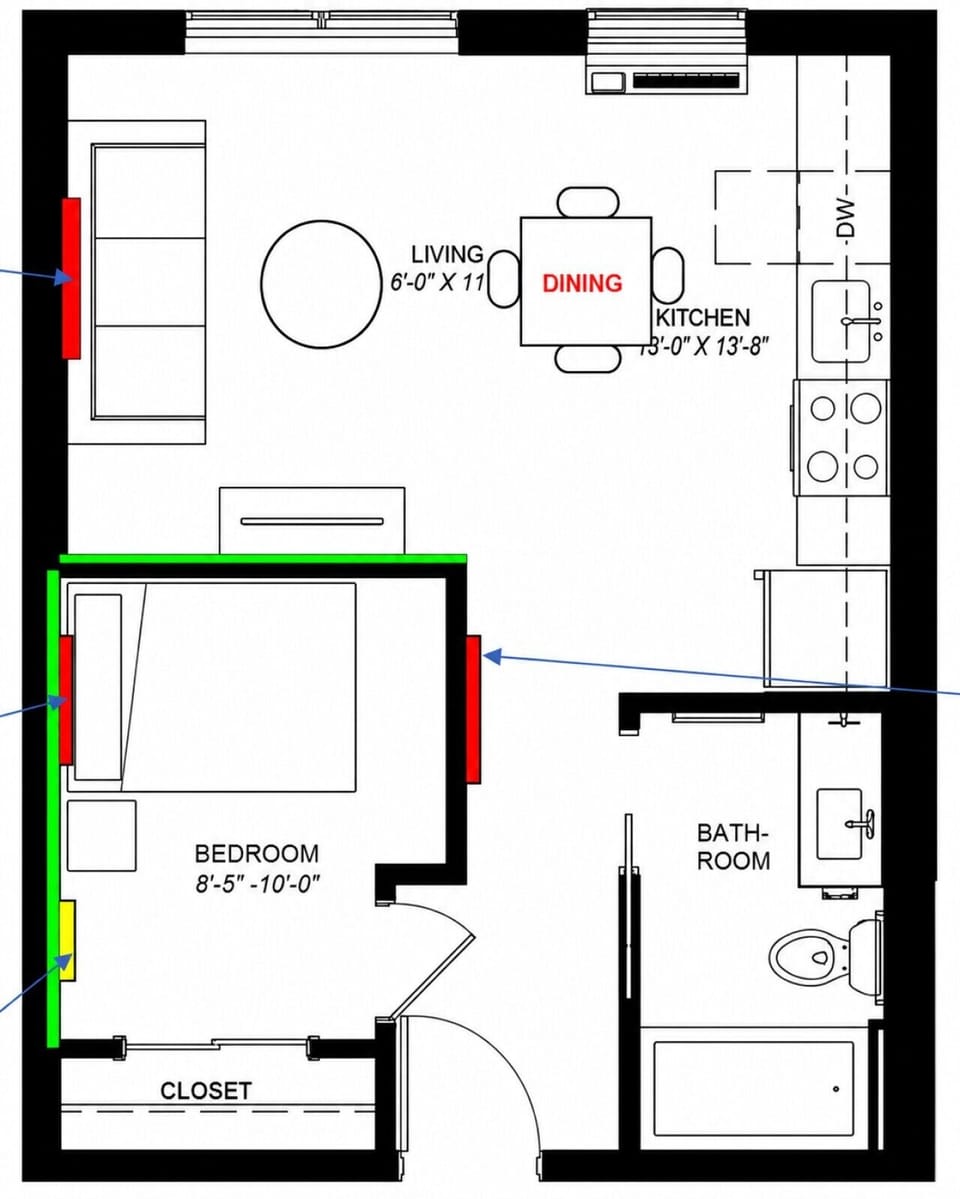 Floor plan showing the unit layout and highlighted wall areas.