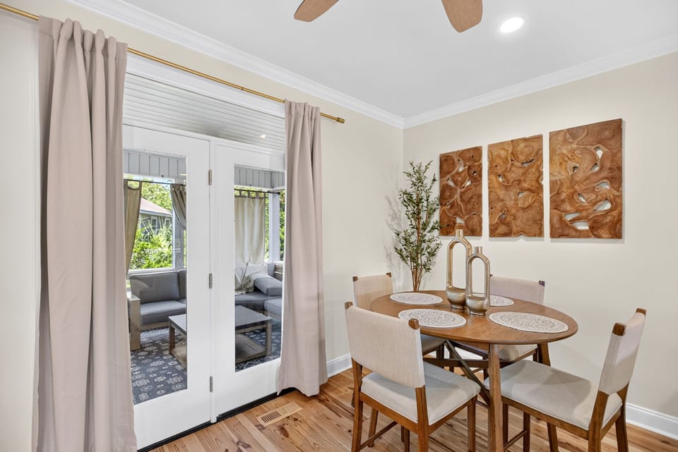 Extra dining table in living room.
