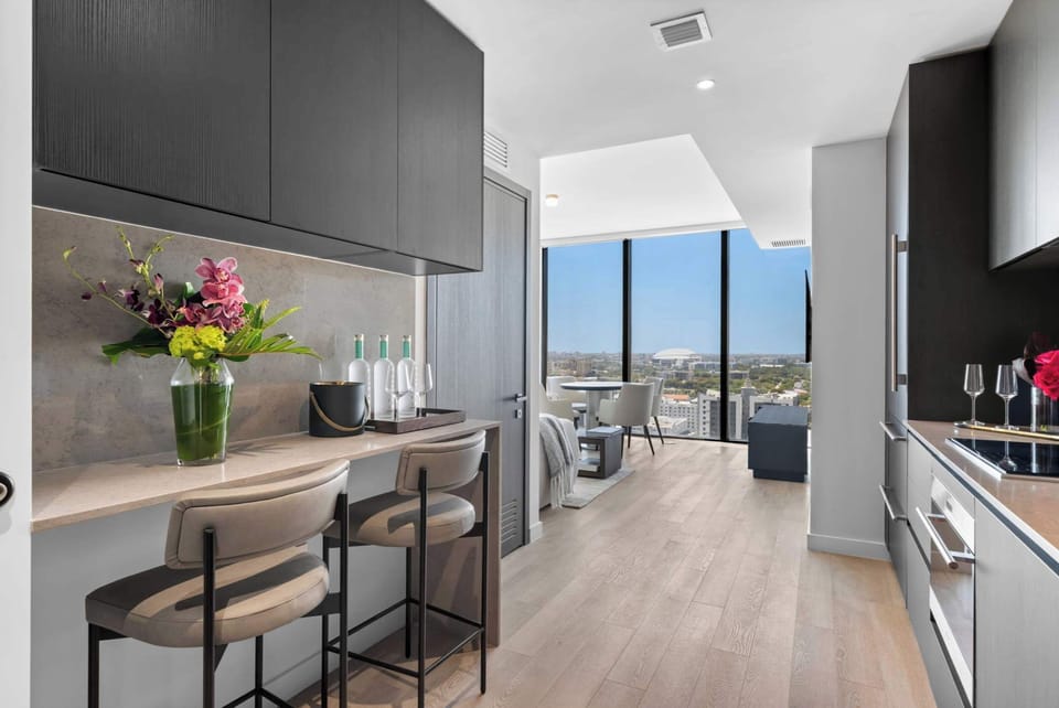 Sleek kitchen with island seating.