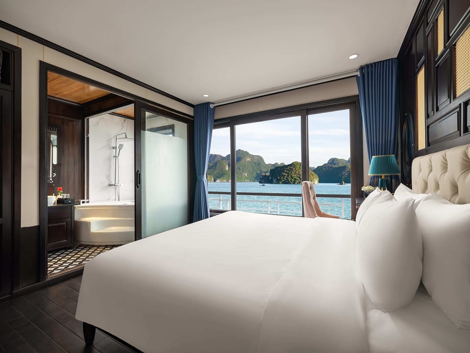 Premium bedding, desk, laptop workspace, soundproofing