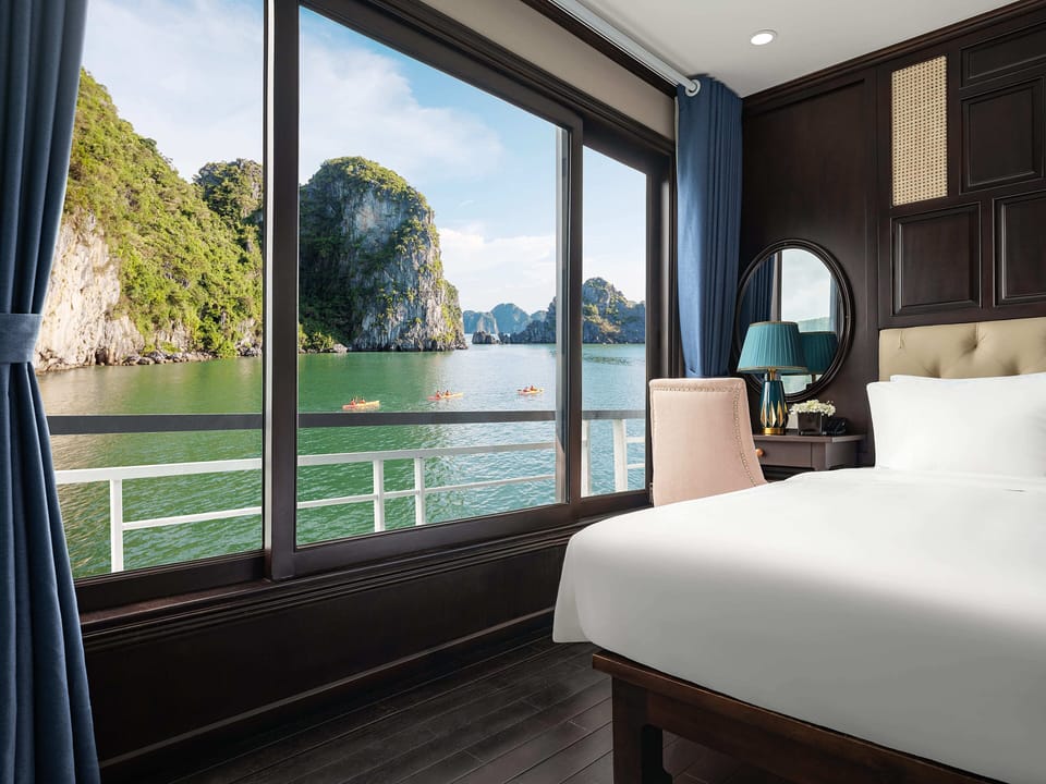 Premium bedding, desk, laptop workspace, soundproofing