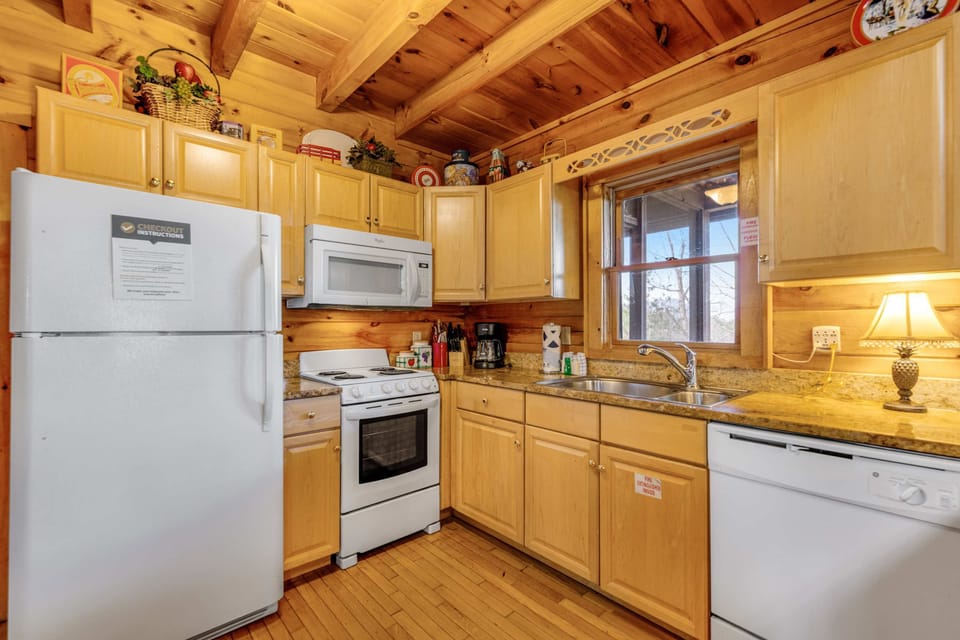 Bright, wooden beams and modern appliances create a welcoming space for culinary adventures!