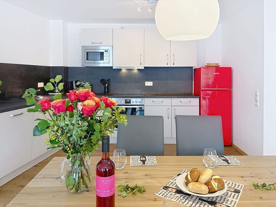 Furniture, Interior Design, Flooring, Floor, Kitchen, Table, Room, Ceiling, Lighting, Countertop