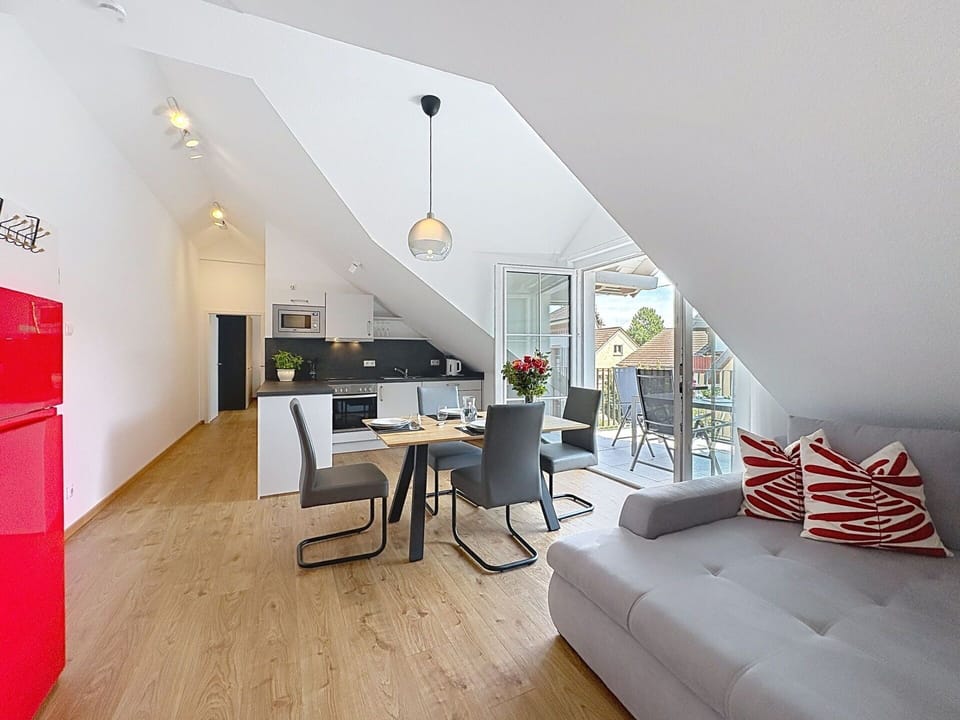 Flooring, Interior Design, Floor, Ceiling, Furniture, Apartment, Wood Flooring, Chair, Attic, Living Room