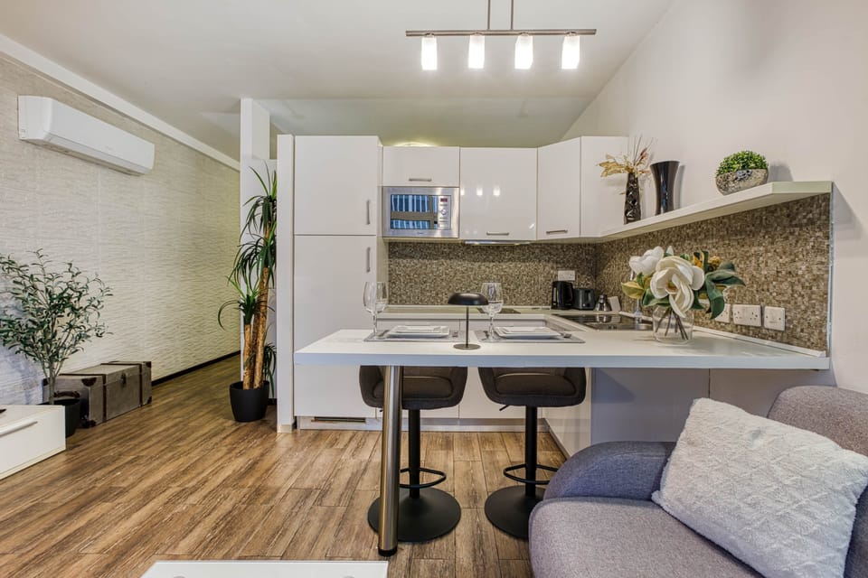 Bright open-plan studio with fully equipped kitchenette and dining space