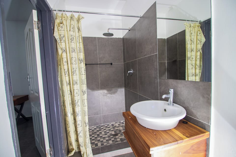 Shower, towels, soap, shampoo