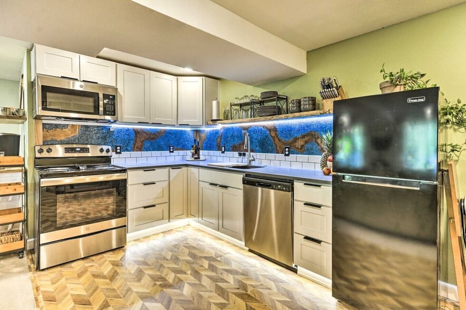 Kitchen | Stainless Steel Appliances | LED Backsplash & Open Shelving