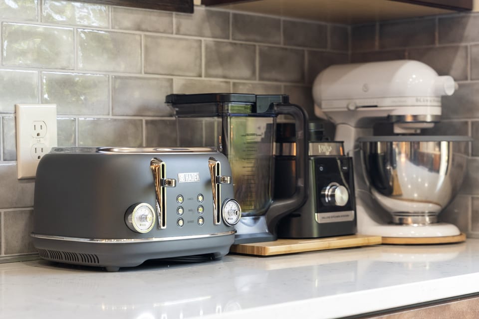 KitchenAid mixer and cooking essentials.