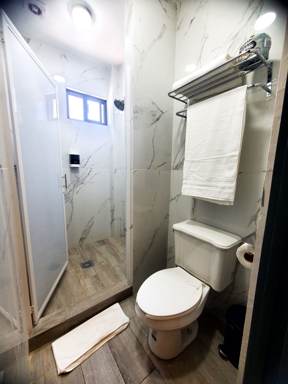 Towels, soap, shampoo, toilet paper