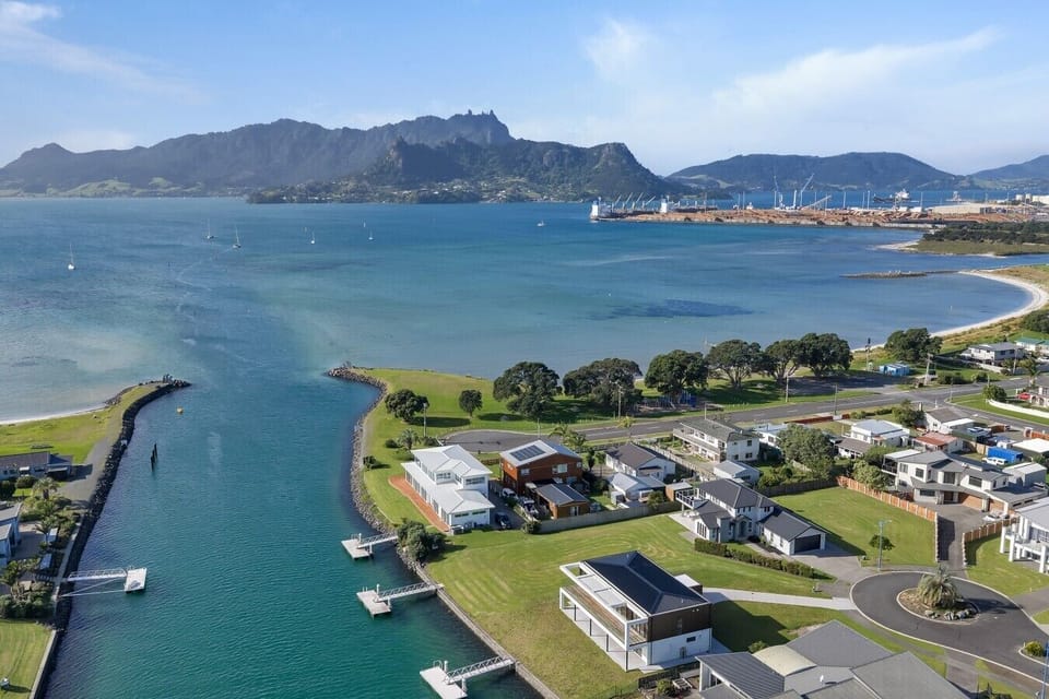 Our home`s location relative to the water, with the beautiful Whangārei Heads and Mount Manaia backdrop.