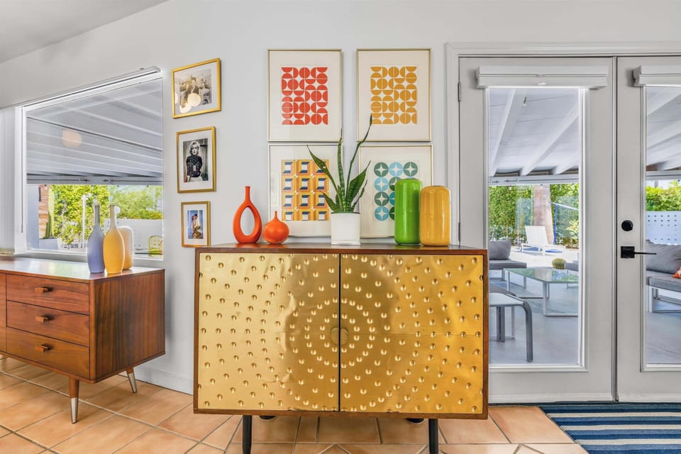 Mid-century inspired interior with outdoor access