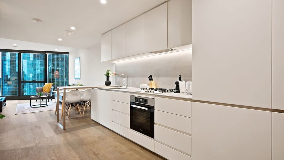 Stylish gourmet kitchen with seamless open-plan living.