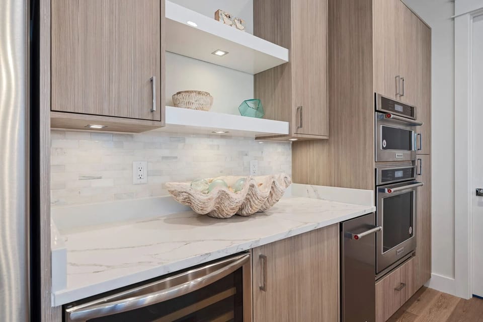Spacious countertops provide plenty of room for meal prep and serving.