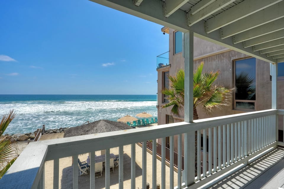 Covered balcony overlooking the beach