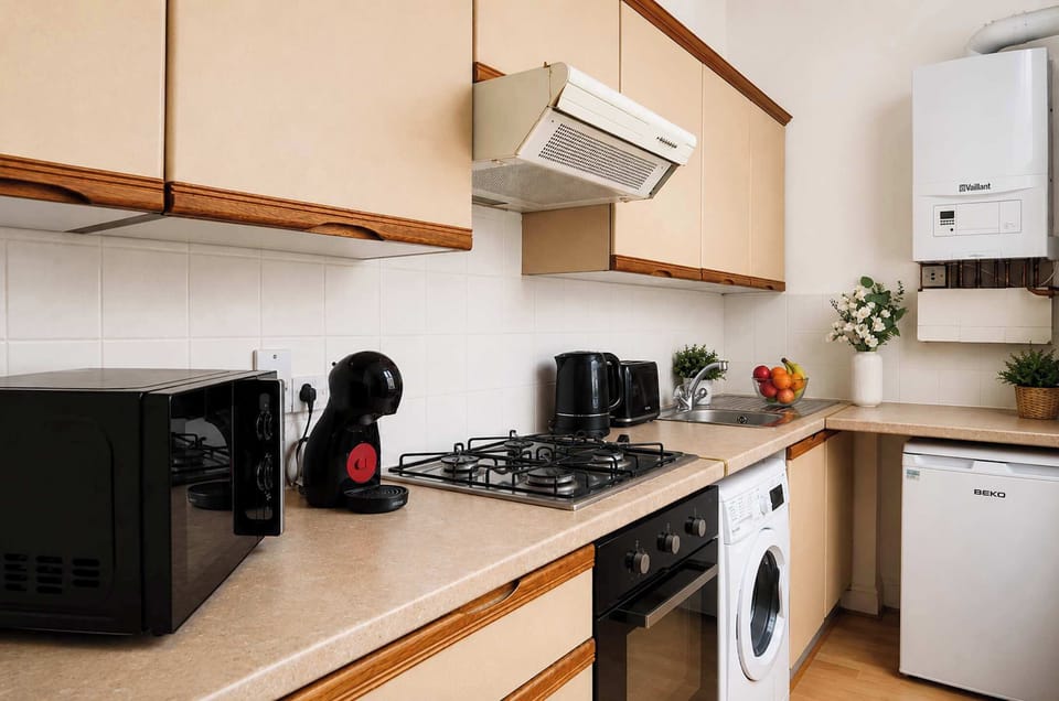 The kitchen is fully equipped to prepare a simple meal 