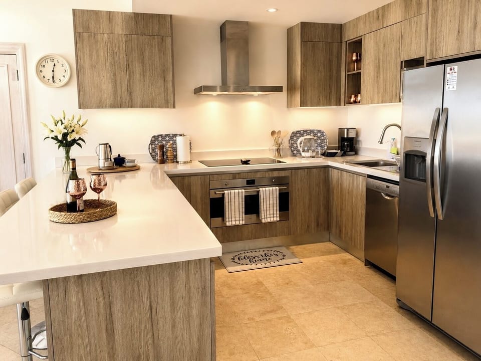 Modern kitchen  equipped with double-door refrigerator, dishwasher, oven & stove