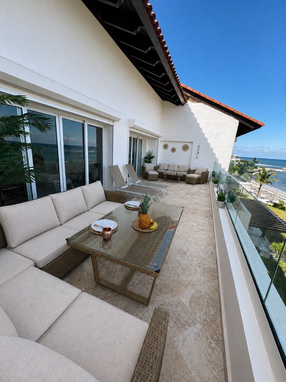 Spacious Oceanfront Terrace, multiple sitting/dining areas with panoramic views