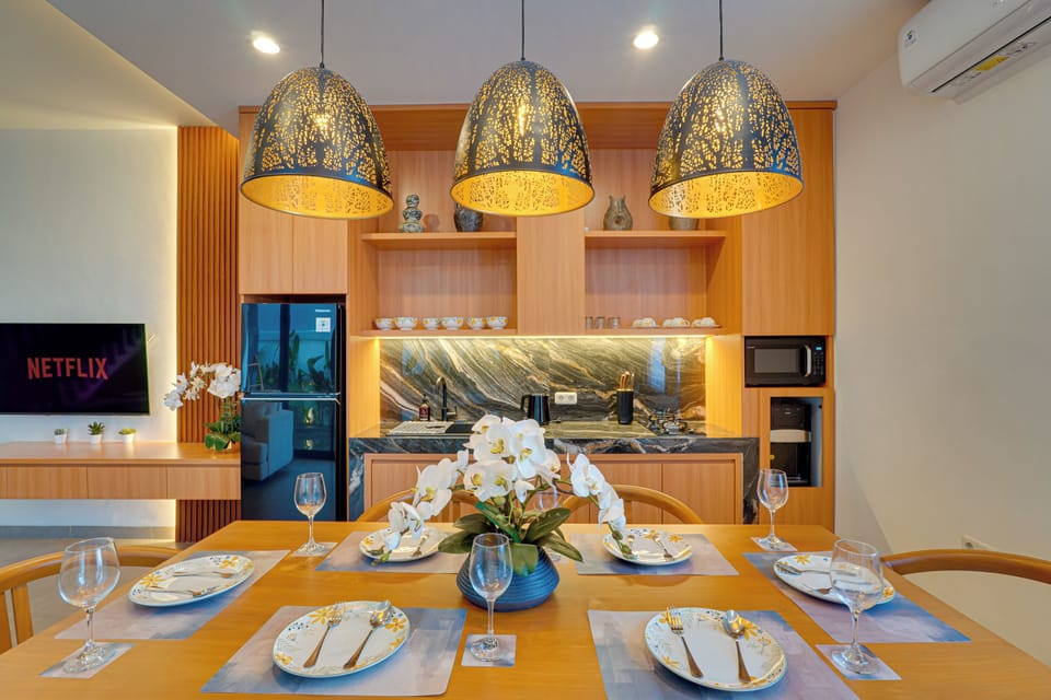 Villa, Balcony, Pool View | Private kitchen | Electric kettle, dining tables