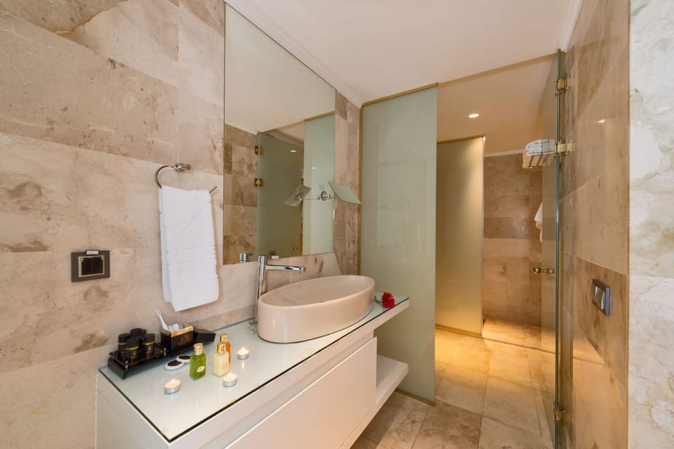 Shower, free toiletries, hair dryer, bathrobes